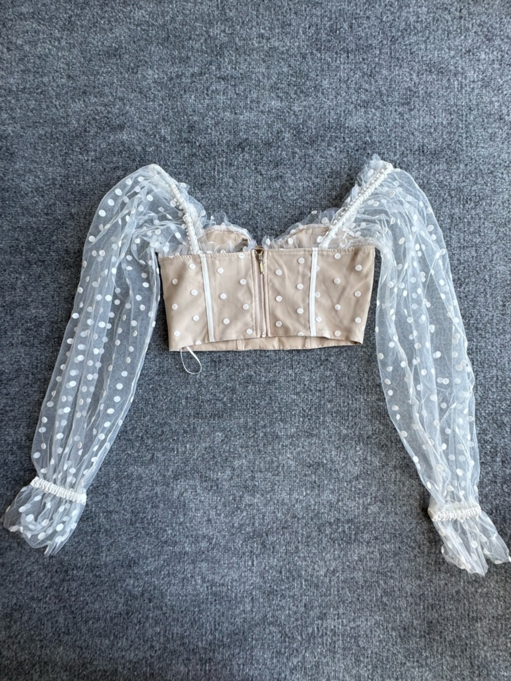 HELLO MOLLY Polka Dot Mesh Sleeve Bustier Top Beige White SMALL NEW - Picture 4 of 7